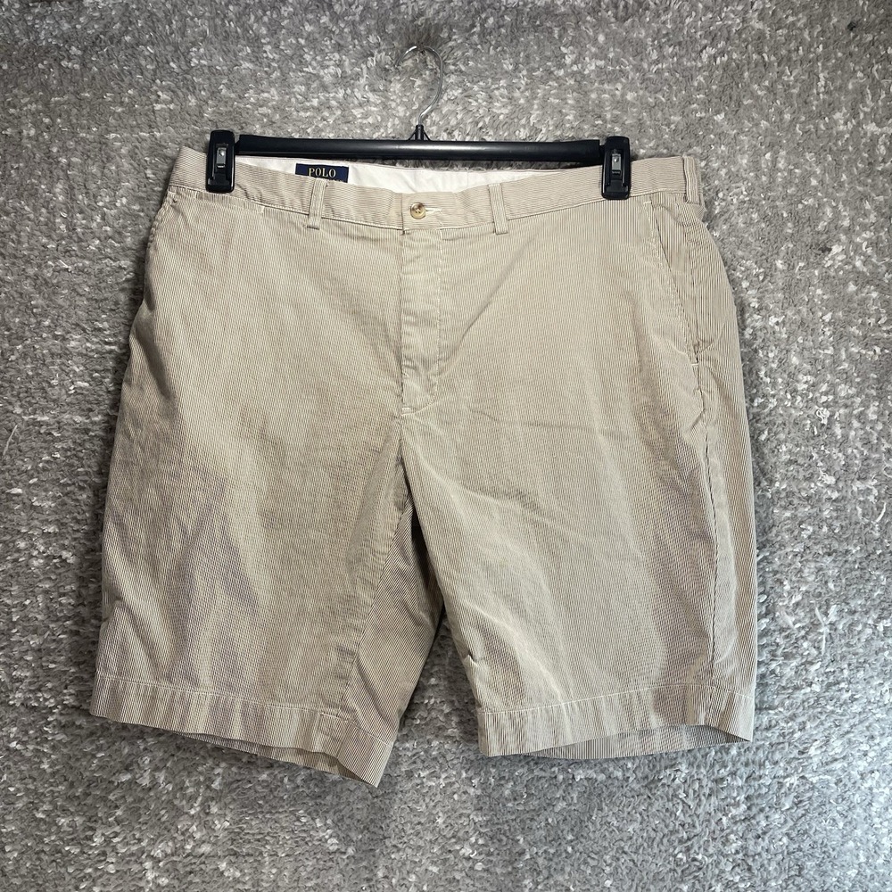 Polo Ralph Lauren Shorts Mens 40 Brown White Striped Seersucker Preppy Casual